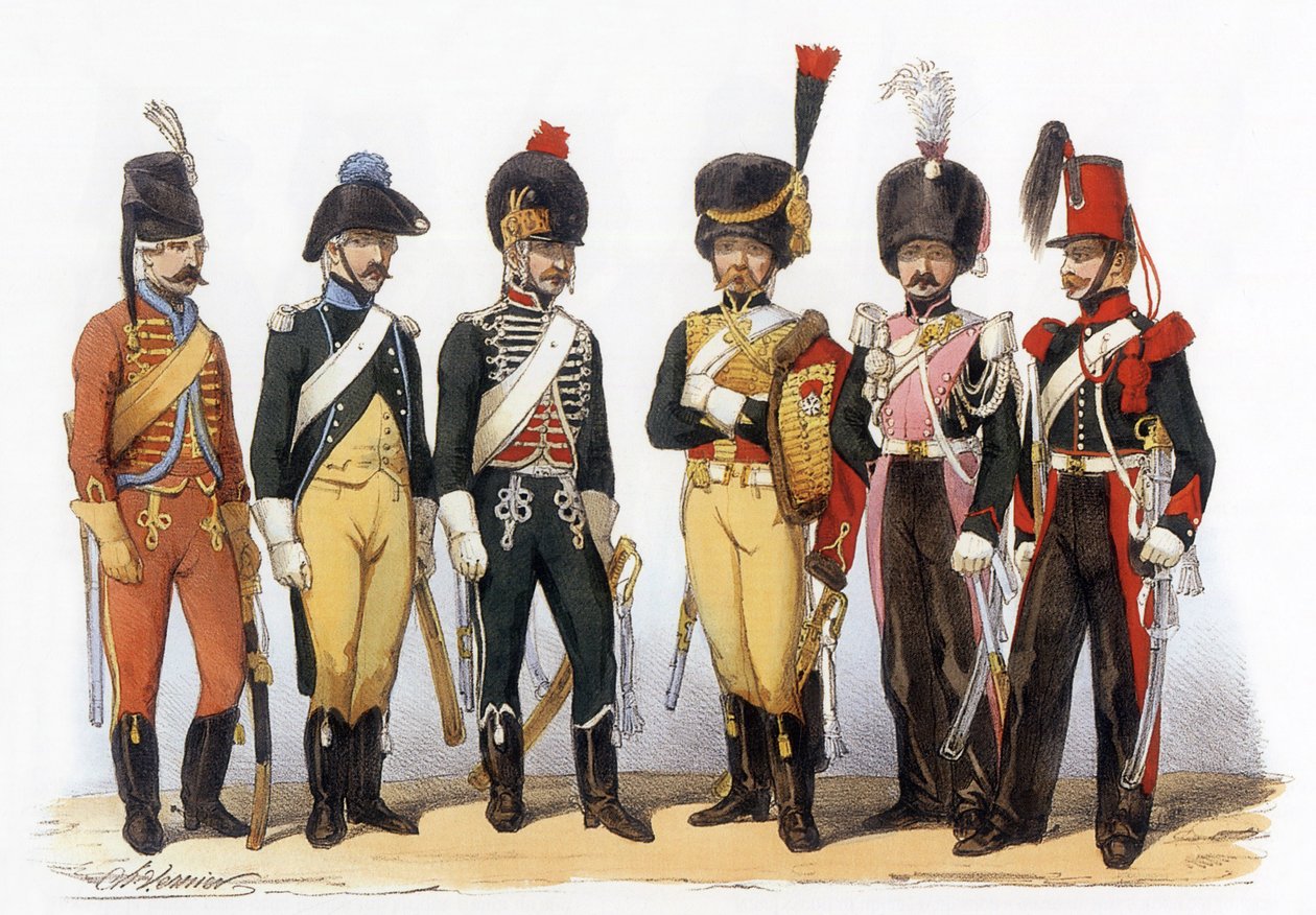 Fransız ordusunun kostümleri: Lancers gd: 1745 dosya avcısı (LouisXV altında); 1785, LouisXVI yönetiminde; 1794 cumhuriyet; 1810 imparatorluk muhafızları (1. imparatorluk); 1824 kraliyet muhafızları (restorasyon); 1840, Charles Vernier#39;in (1831-1887) çi by Charles Vernier