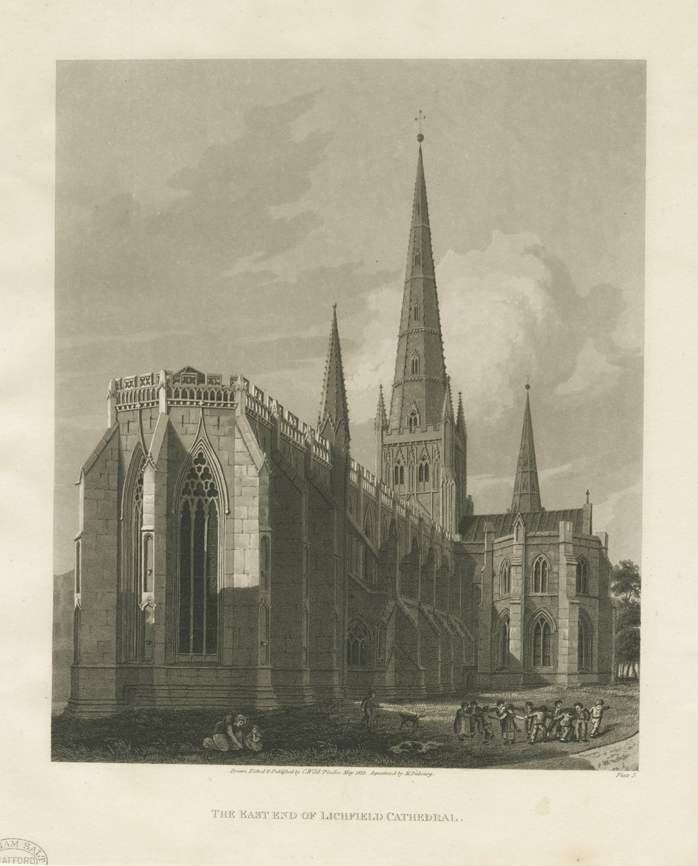 Lichfield Katedrali - Kuzey Doğu Görünümü: aquatint gravür by Charles Wild