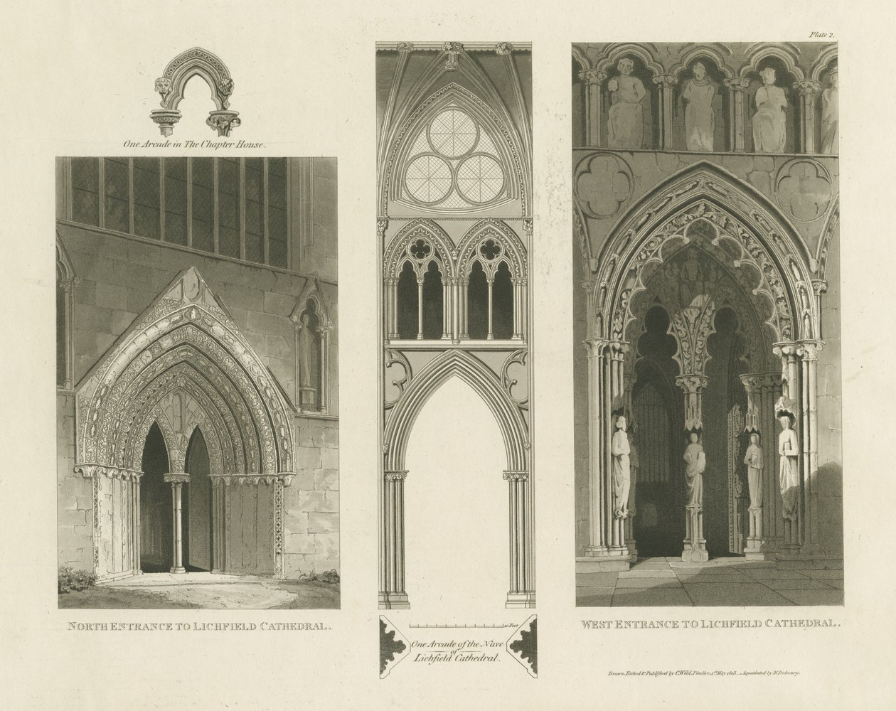 Lichfield Katedrali - Batı Girişi, Kuzey Girişi ve Nef: aquatint gravür by Charles Wild
