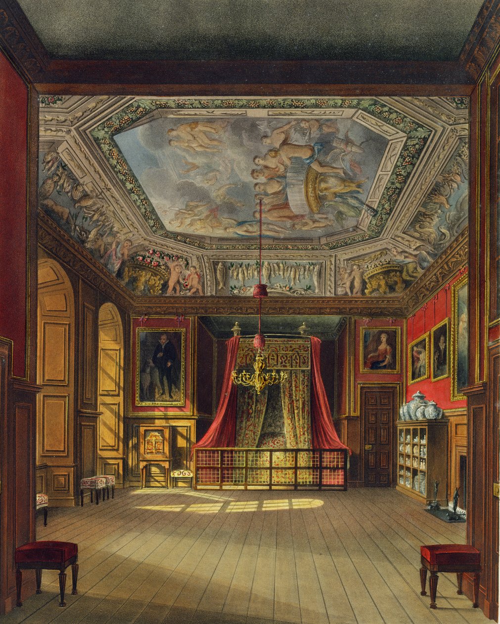 Kraliçe Anne'nin Yatağı, Windsor Kalesi, 'Kraliyet Konutları'ndan, Thomas Sutherland (d.1785) tarafından oyulmuş, pub. William Henry Pyne (1769-1843), 1816 (aquatint) tarafından by Charles Wild