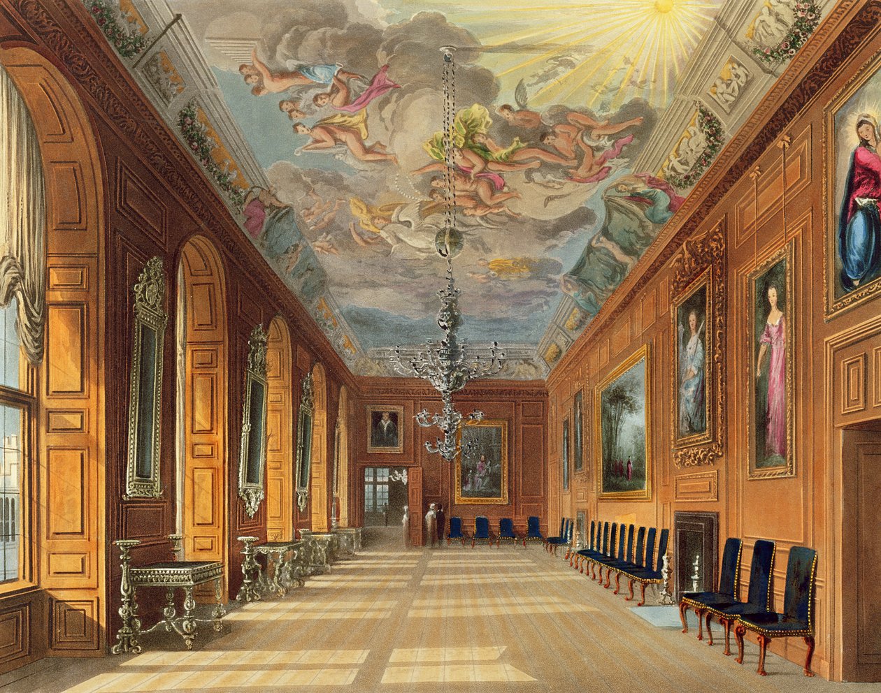 Balo Salonu, Windsor Kalesi, Thomas Sutherland (d.1785) tarafından oyulmuş 'Kraliyet Konutları'ndan, pub. William Henry Pyne (1769-1843), 1817 (aquatint) tarafından by Charles Wild