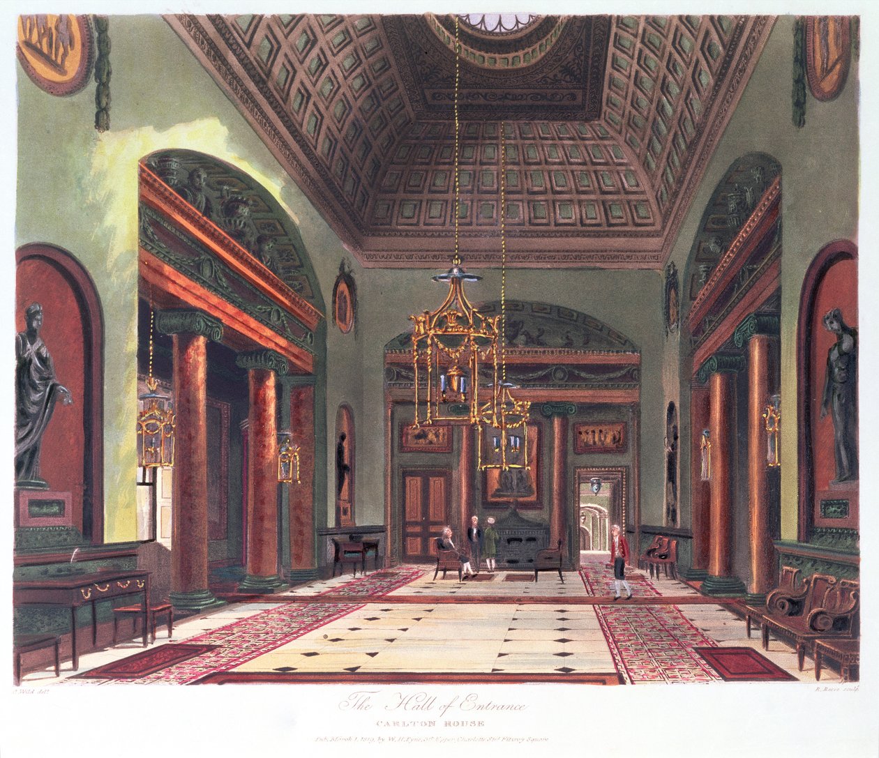 Giriş Salonu, Carlton House, R. Reeve tarafından oyulmuş, pub. 1819, W.H.Pyne tarafından by Charles Wild