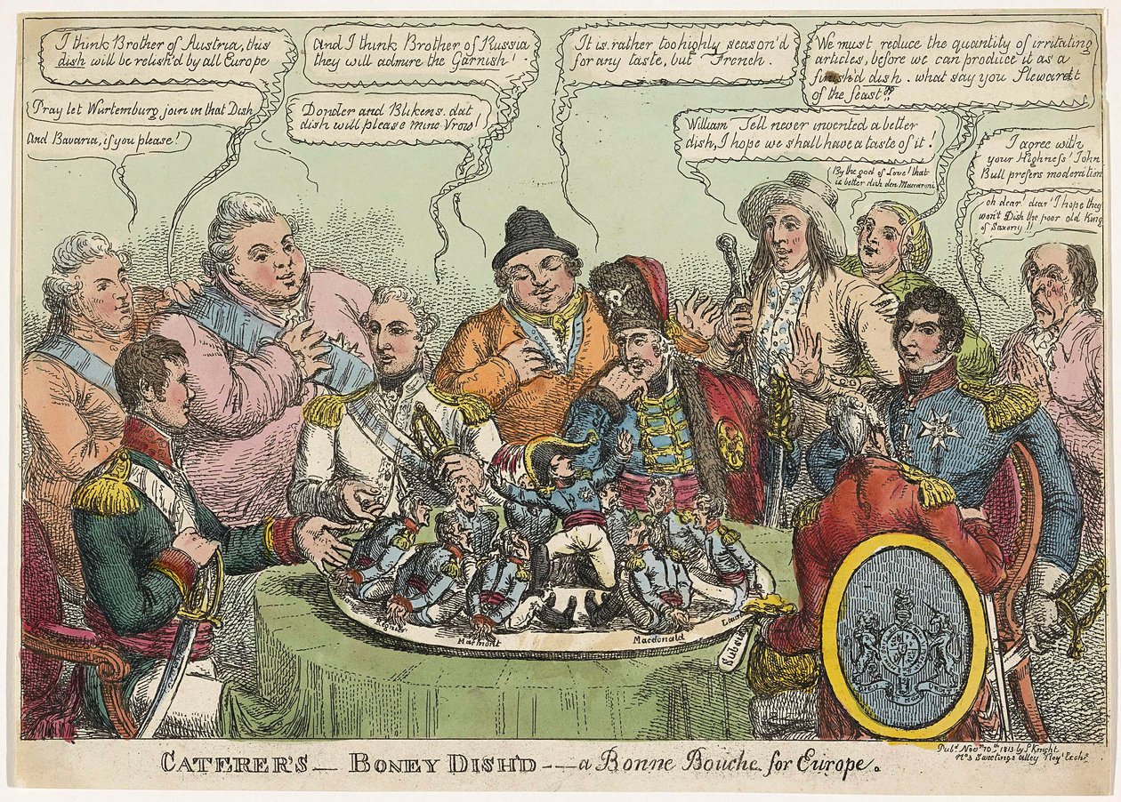 Caterers- Boney Dishd- Avrupa için bir Bonne Bouche, pub. 1813 (el renkli gravür) by Charles Williams