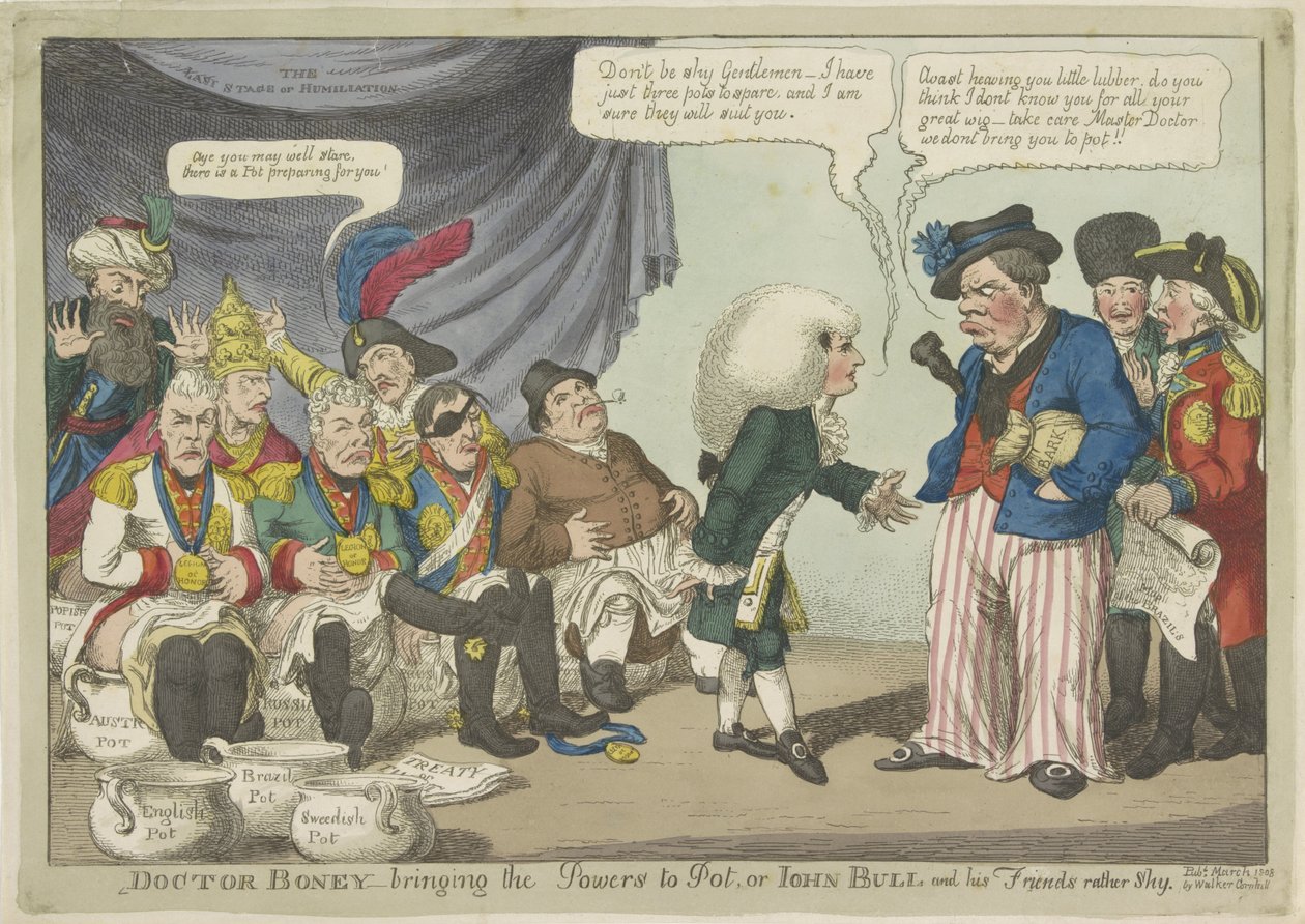 Dokter Napoleon zet de Europese vorsten op de pot, 1808 Doktor Boney - güçleri potaya getirmek veya John Bull ve arkadaşları oldukça utangaç (nesne üzerine başlık) by Charles Williams