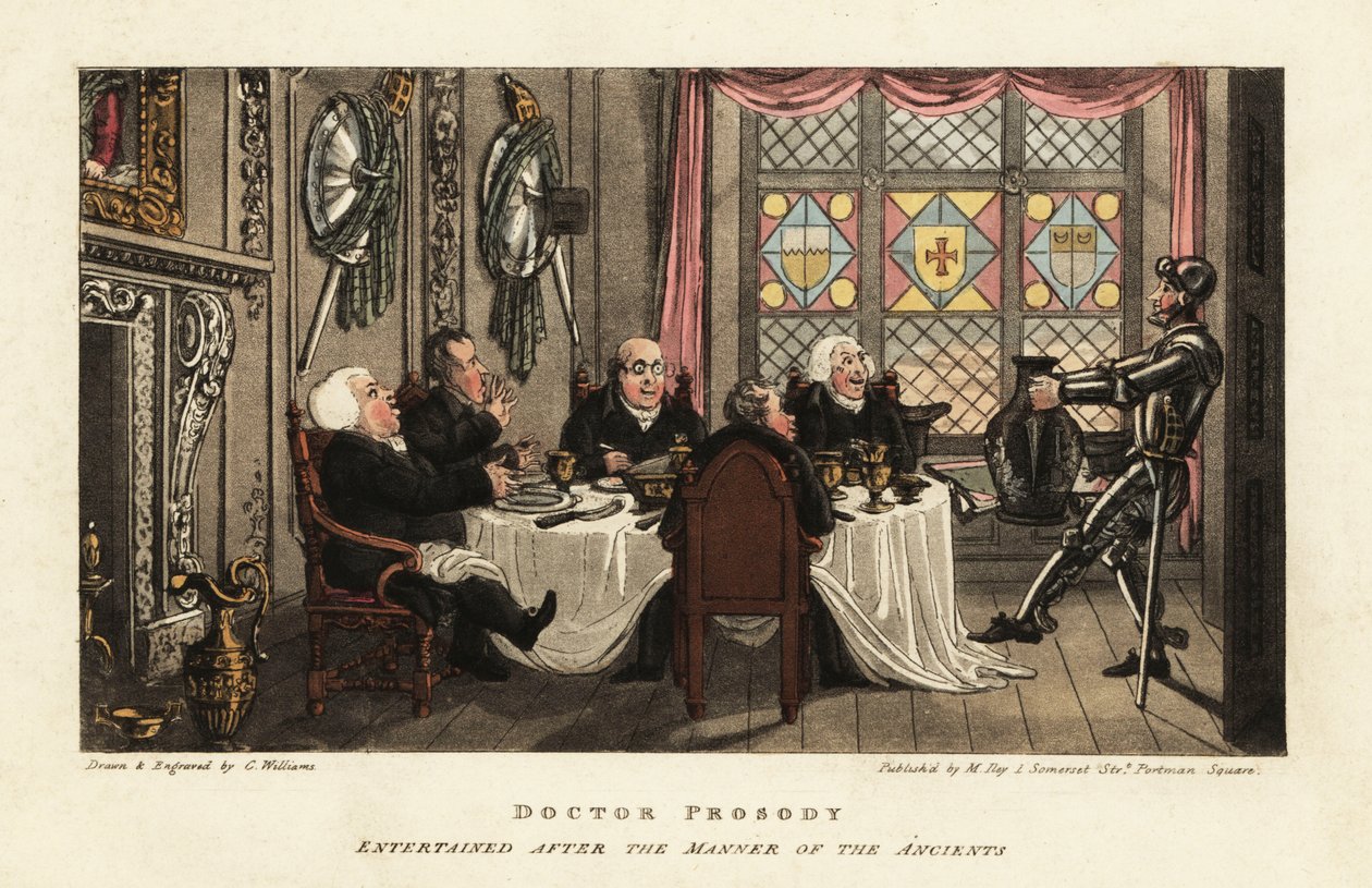 İskoçya'da bir ortaçağ baronial odasında yemek yiyen İngiliz turistler by Charles Williams