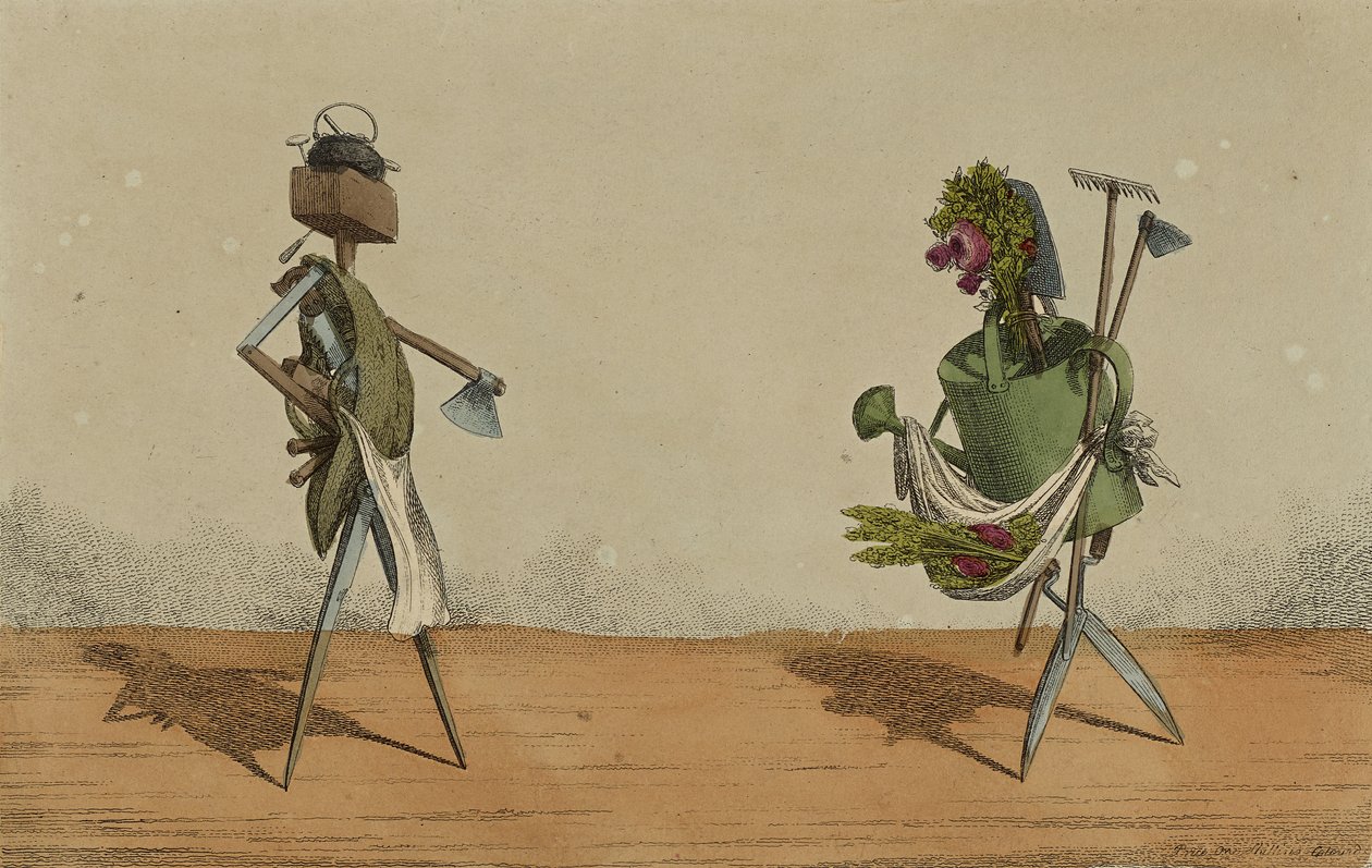 Uygulamalar Animasyonlu, Levha 2, Büyük Britanya Marangozlarına ve Bahçıvanlarına Adanmış, c.1811 (el ile boyanmış gravür) by Charles Williams