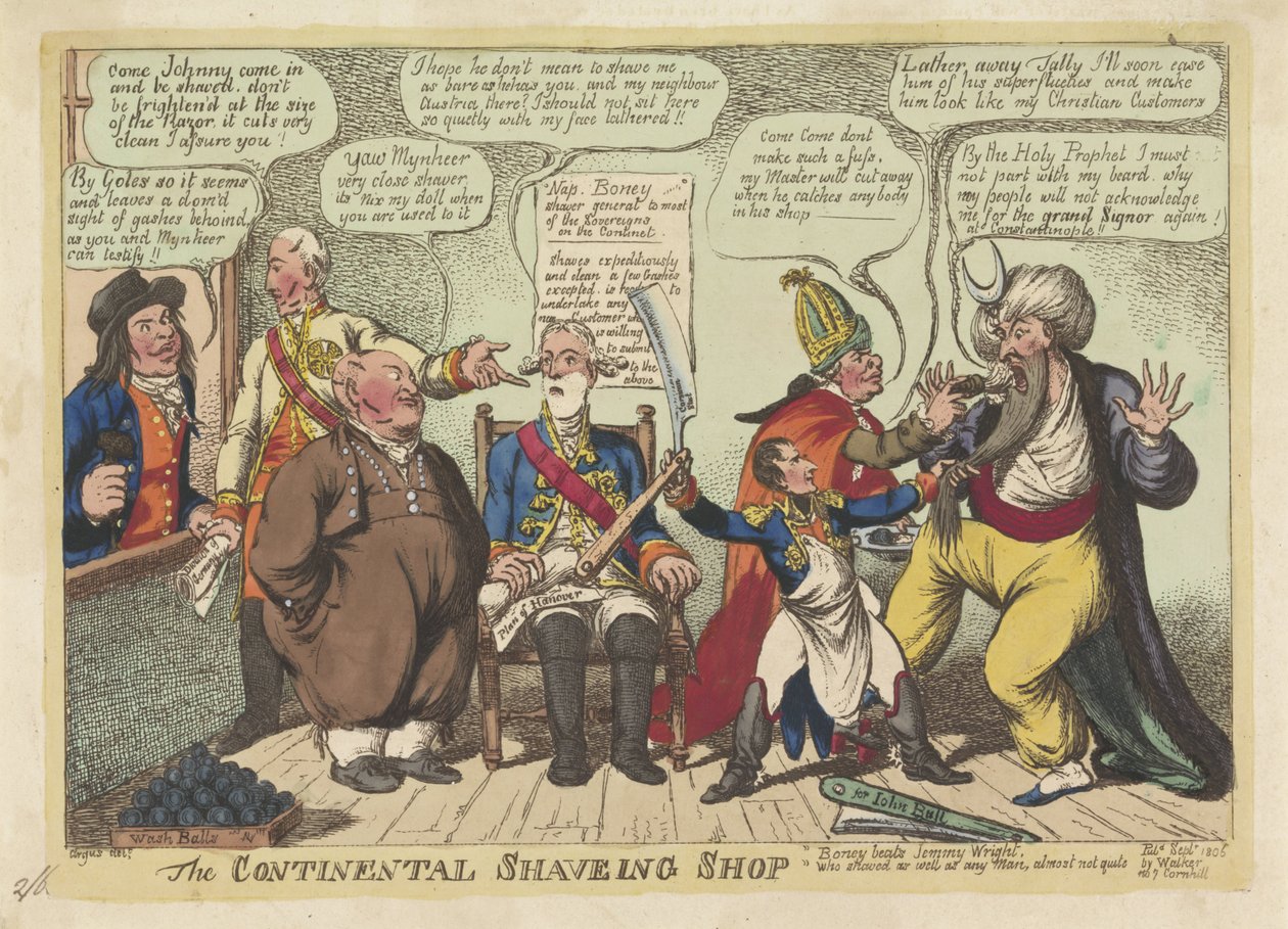 Avrupa güçleri için bir berber olarak Napolyon, 1806 Continental Tıraş Dükkanı (nesne üzerindeki başlık) by Charles Williams