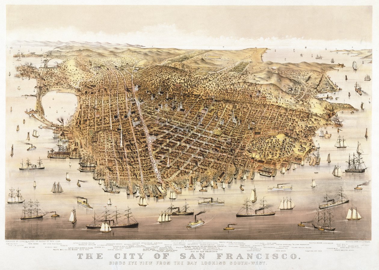 San Francisco Şehri, körfezden güneybatıya bakan kuş bakışı, Currier & Ives tarafından yayınlandı by Charles Richard Parsons