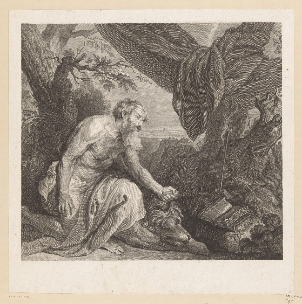 Uyuyan Aslan ve Haç ile Jerome by Charles de Beauvais (rejected attribution)