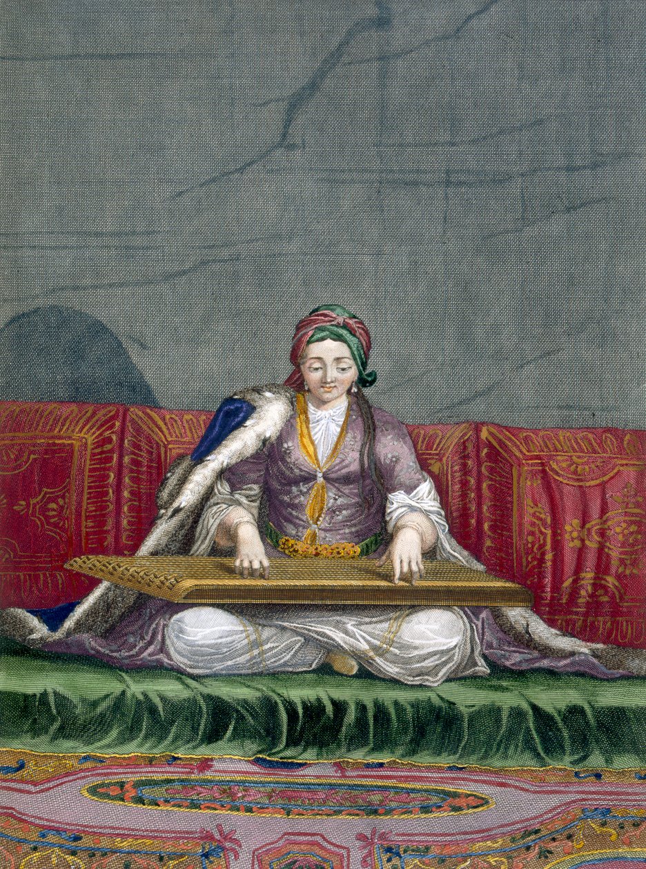Türk kızı klavye yolma aleti çalıyor, meyhane. 1707-08. by Charles de Ferriol