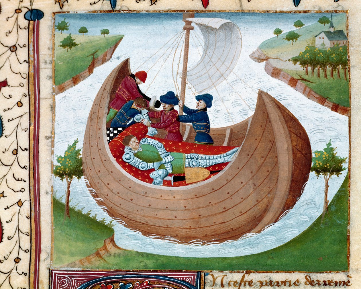 Denizde cenaze Minyatür, Master Charles of Maine 1440-1460 tarafından “” Romanesque du Chevalier Tristan”dan alınmıştır. Chantilly, musee Conde - Yuvarlak Masa Şövalyesinin Denize Cenazesi - Roman du Chevalier Tristan
