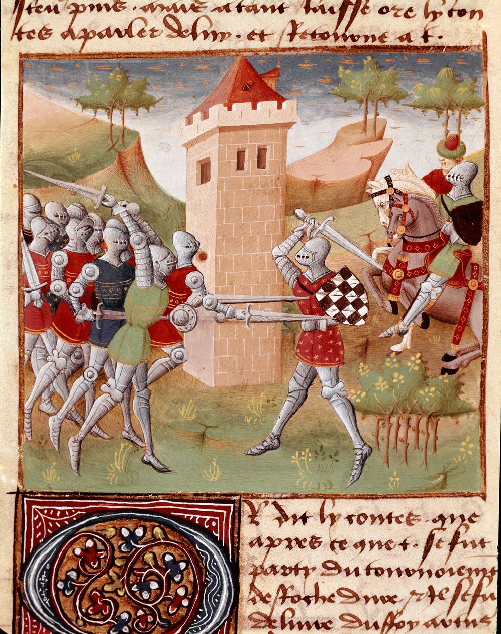 Lancelot du Lac dövüş şövalyeleri Minyatür, Master Charles de Maine tarafından “” Roman du Chevalier Tristan”dan alınmıştır (Beroul versiyonu). 1440-1460. Chantilly, Conde Müzesi by Charles du Maine Master