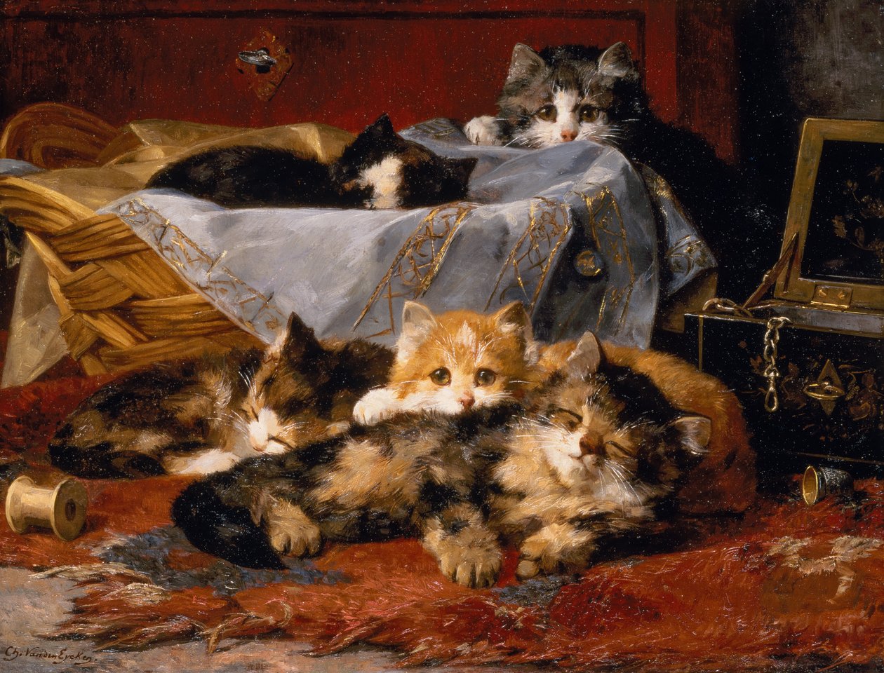 Dikiş Sepetinin Yanındaki Kediler (tuval üzerine yağlı boya) by Charles van den Eycken