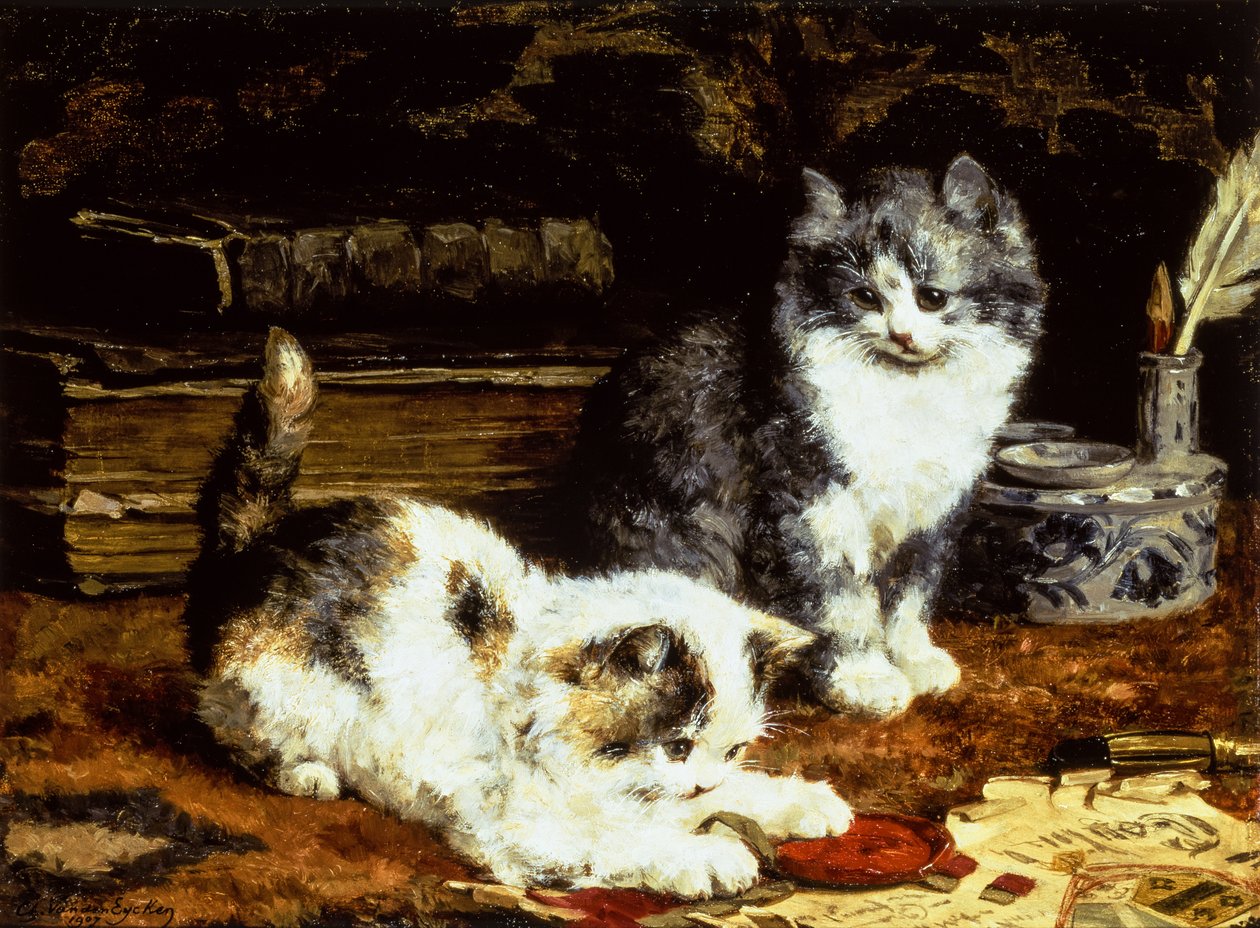 Masada Oynayan İki Yavru Kedi by Charles van den Eycken