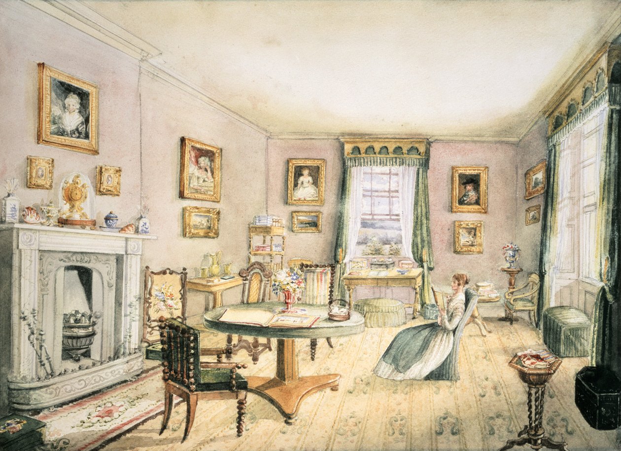 The Drawing Room, East Wood, Hay, f54, bir Interiors Albümü, 1843 by Charlotte Bosanquet