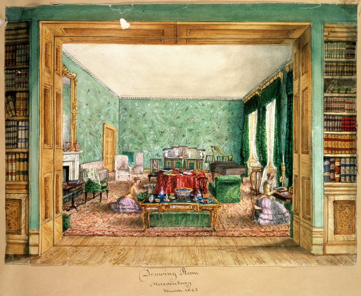 The Drawing Room at Meesdenbury, f13, An Album of Interiors, 1843 (kağıt üzerinde wc) by Charlotte Bosanquet