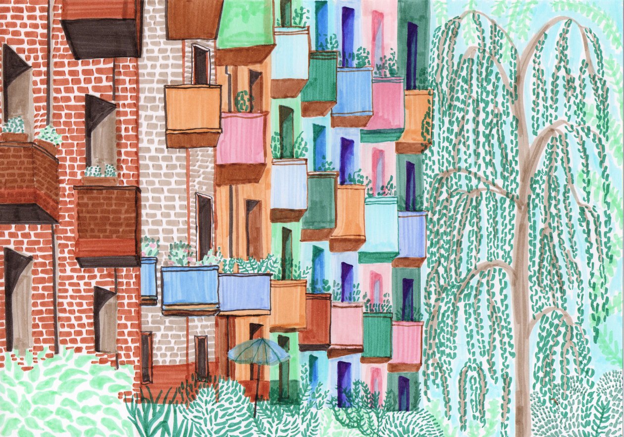 Kreuzberg Balkonları, 2017 (fırçalı kalemler) by Charlotte Orr