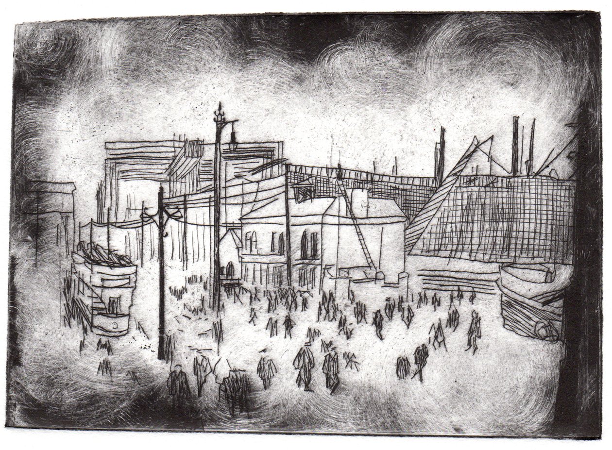 Belfast Docks, 2015 (kuru nokta aşındırma ve dijital) by Charlotte Orr