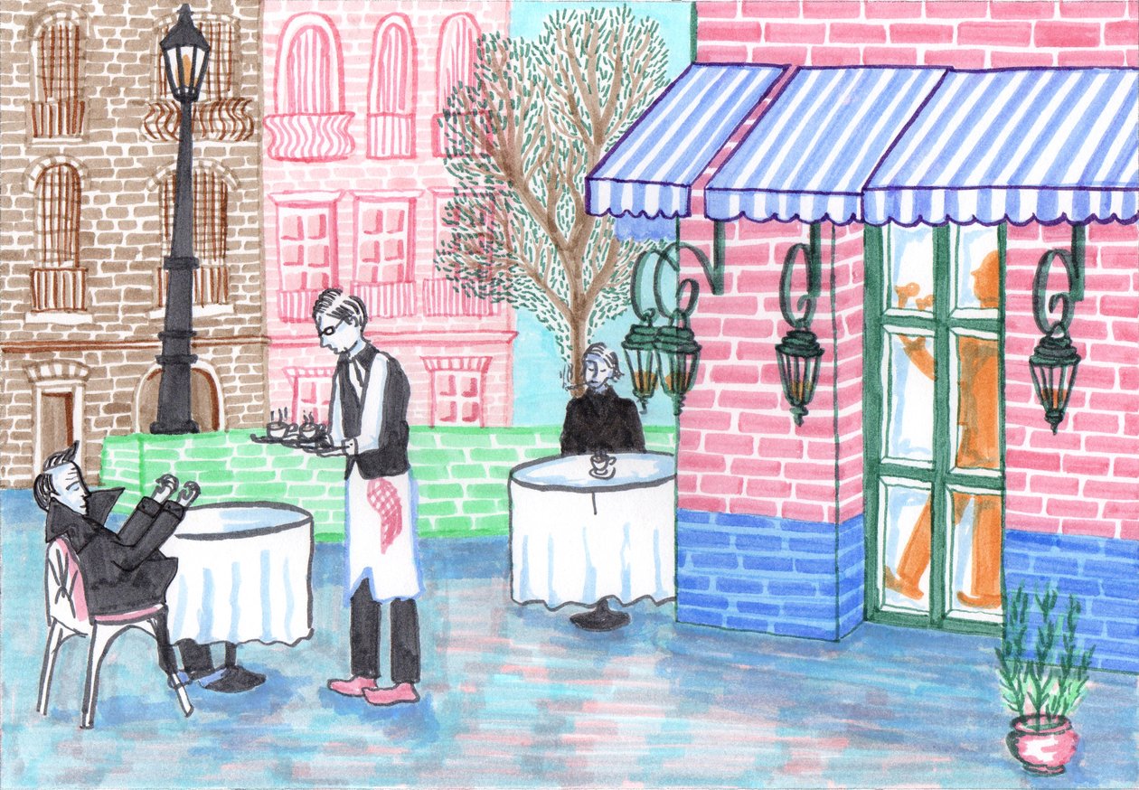 Cafe, 2017 (fırçalı kalemler) by Charlotte Orr