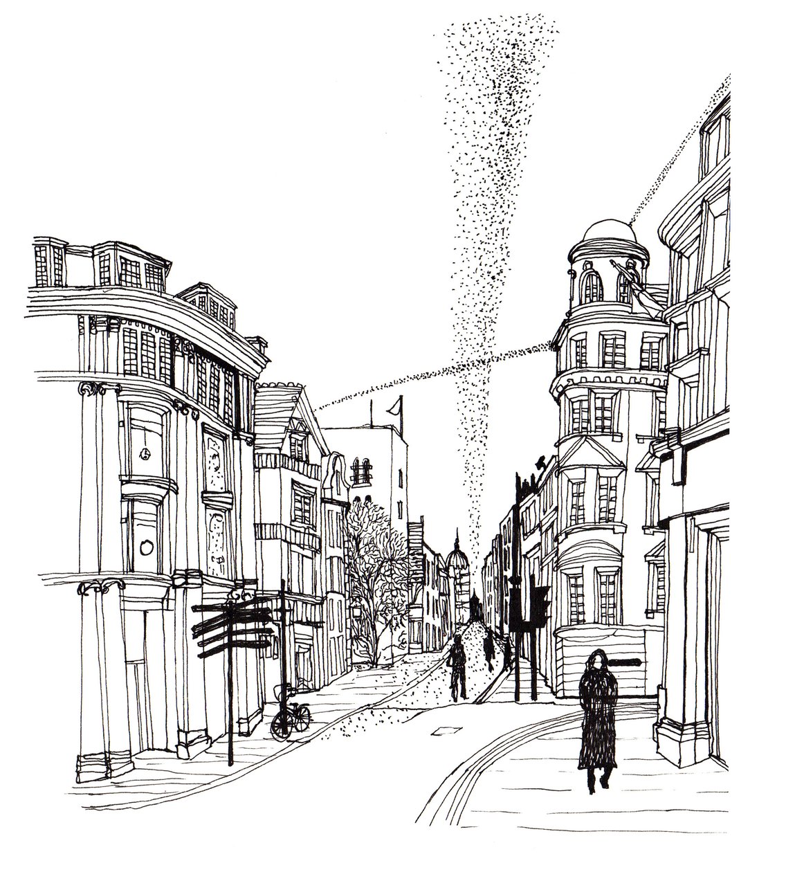 Cornmarket Caddesi, 2019 (kalem ve mürekkep) by Charlotte Orr