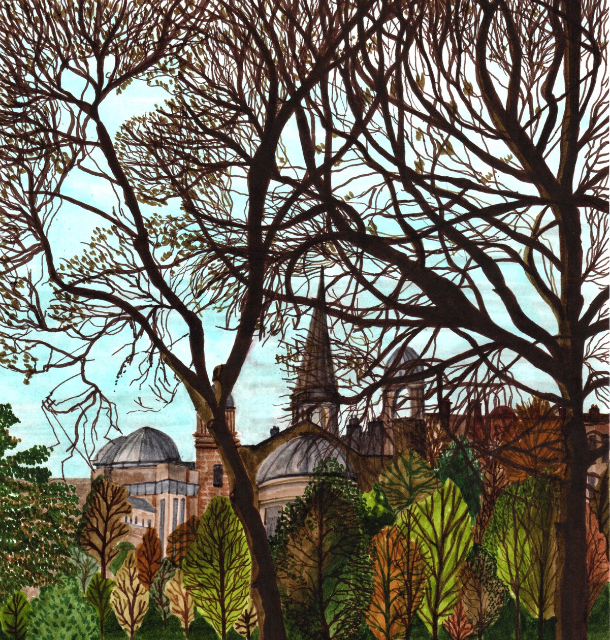 İlkbaharda Edinburgh, 2020 (kağıt üzerine fırça kalemi) by Charlotte Orr