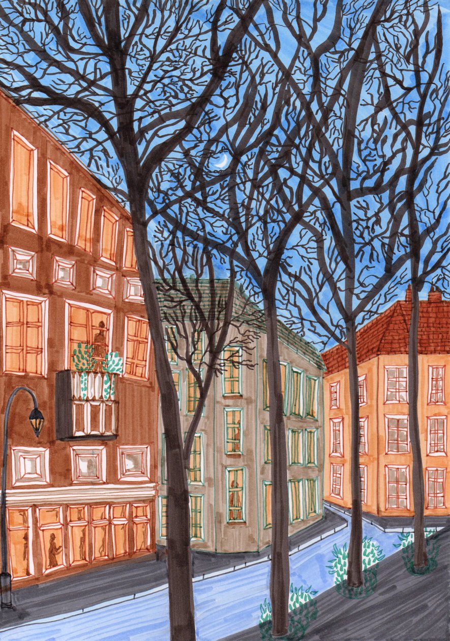 Friedrichshain at Night, 2017 (fırçalı kalemler) by Charlotte Orr