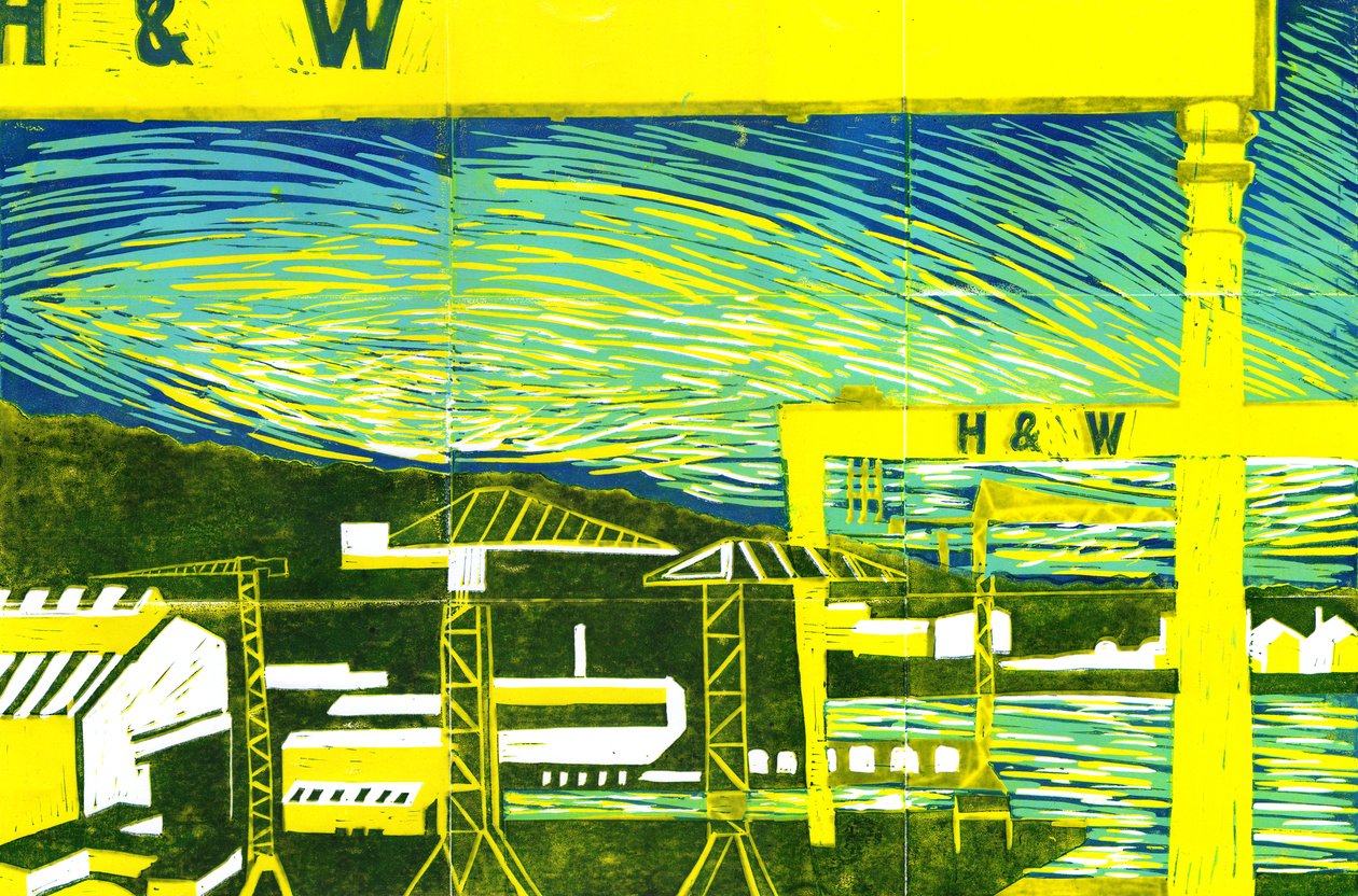 Harland & Wolff Cranes, Belfast, 2022 (linoprint) by Charlotte Orr
