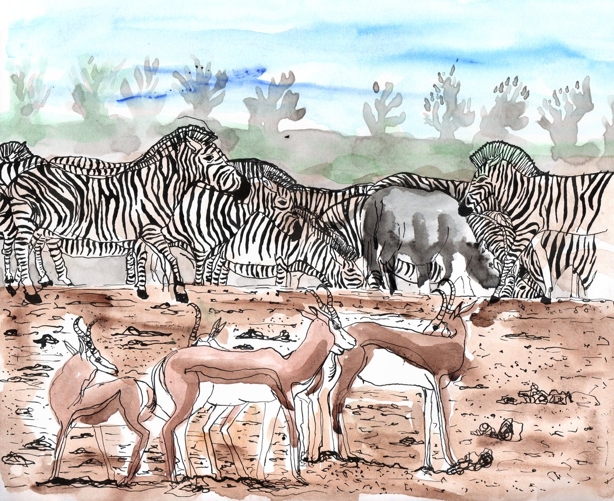 Safari 3, 2018 (mürekkep ve sulu boya) by Charlotte Orr
