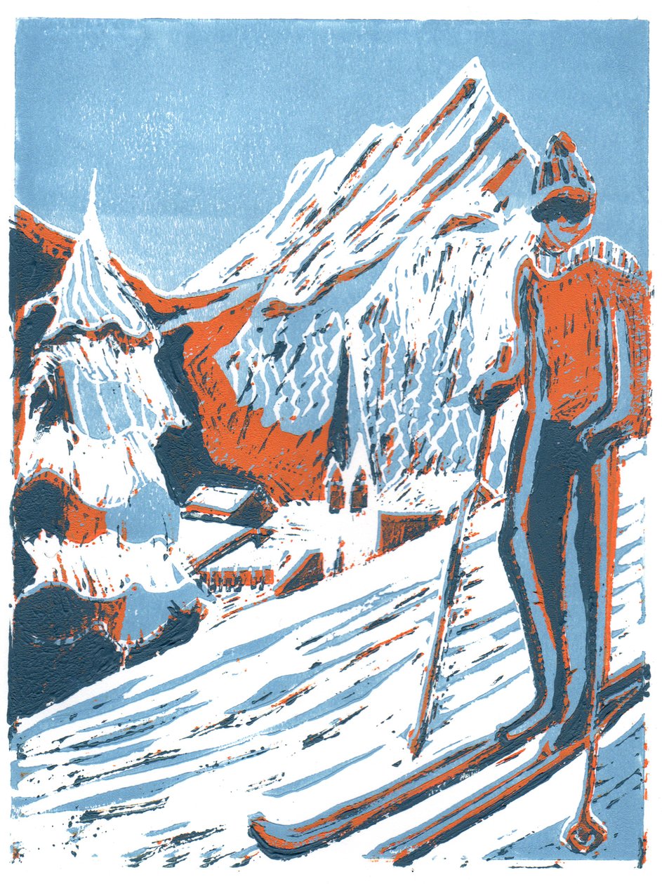 Kayak, 2015, linoprint by Charlotte Orr