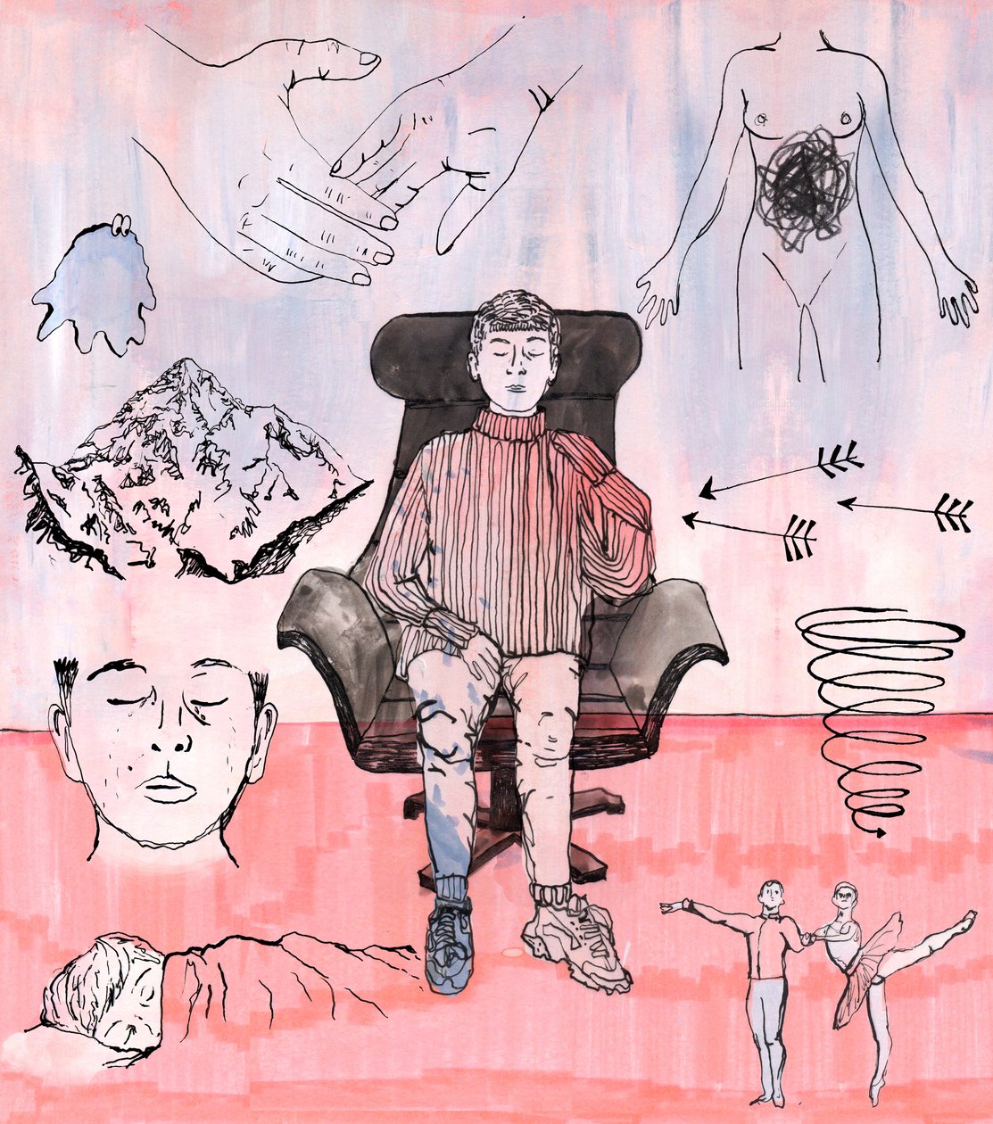 Therapy İllüstrasyon, 2018 (mürekkep ve akrilik) by Charlotte Orr