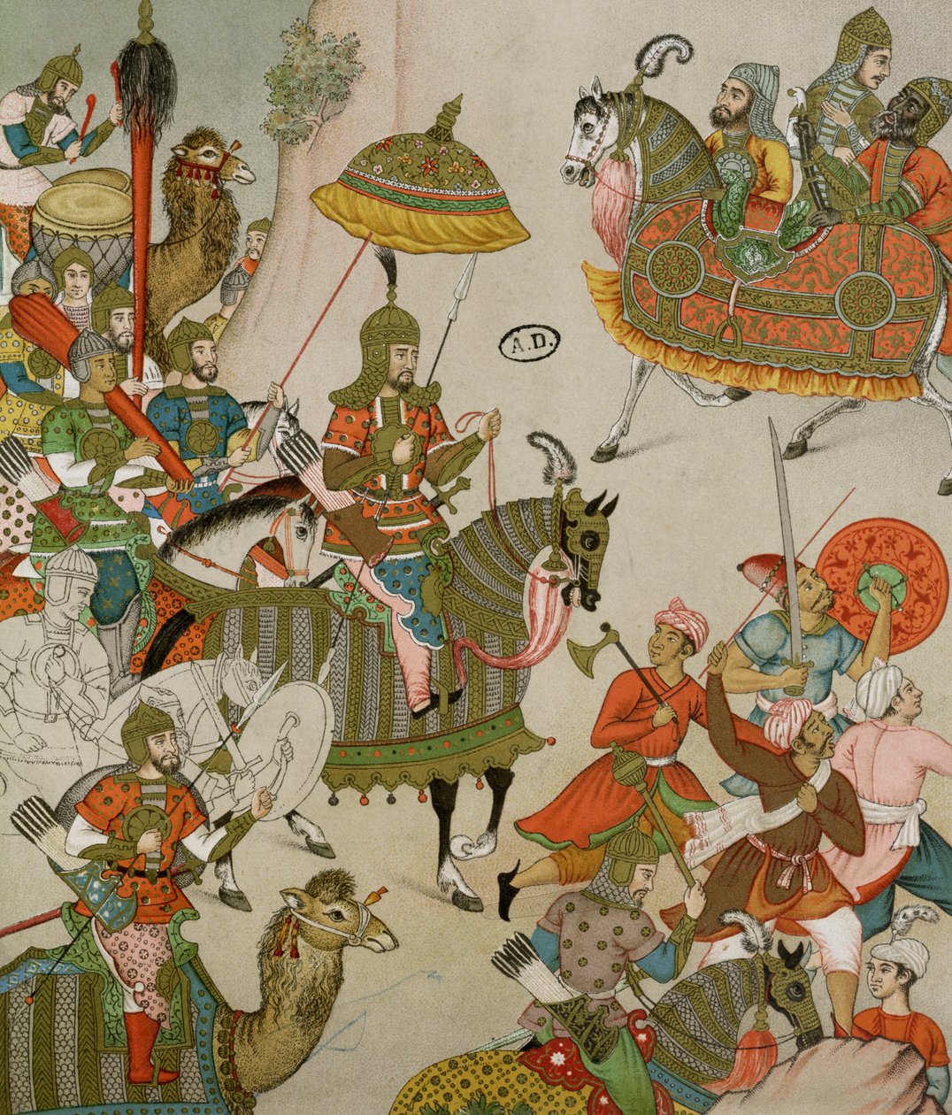 İmparator Babür (r.1526-30), bir on altıncı yüzyıl Babür minyatüründen sonra ordusunun başında by Charpentier