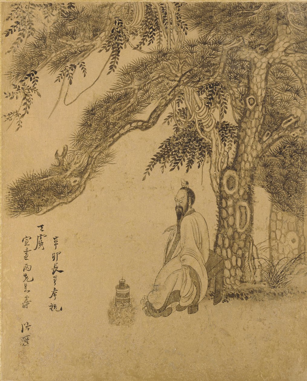 Bir Çam Altında İksir Hazırlanıyor, Qing hanedanı, 1651 (altın kağıt üzerine mürekkep) by Chen Hongshou