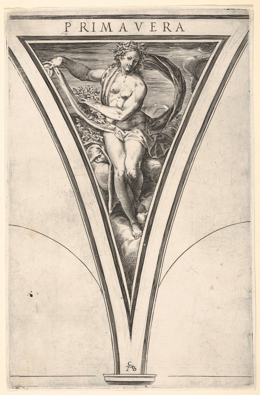 Bahar Primavera, dalgalanan bir örtü ve çelenk taşıyan bir kadın olarak temsil edildi..., yaklaşık. 1570-1615. by Cherubino Alberti