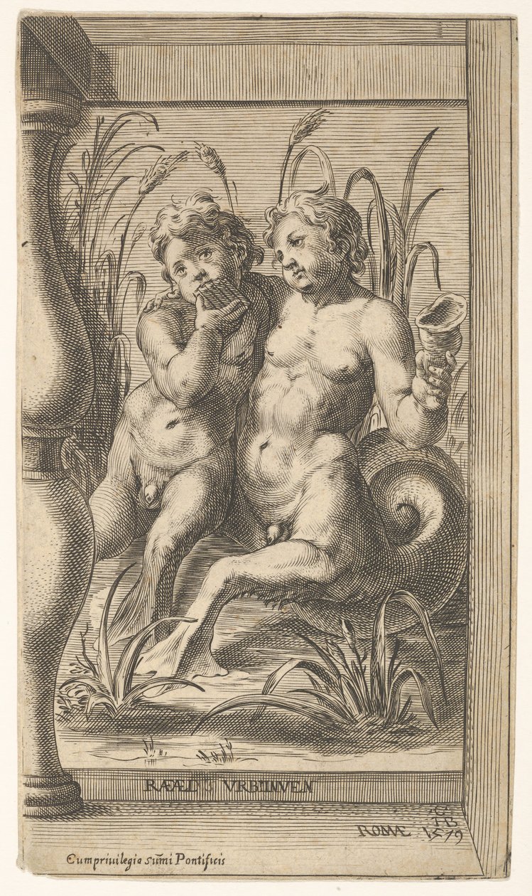 Kucaklayan iki triton, biri panpipe oynayan, ikincisi bir deniz kabuğu tutan, ..., 1579. by Cherubino Alberti