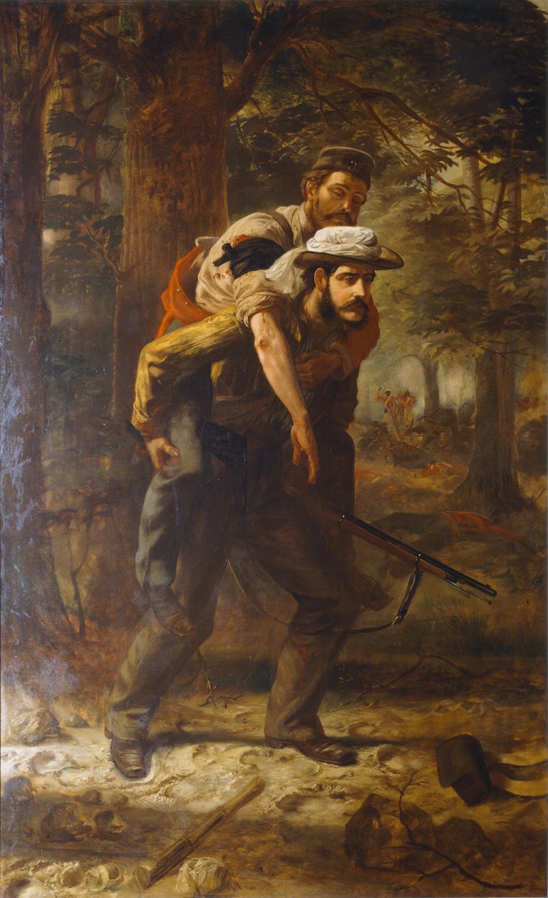 Ross Lewis Mangles (1833-1905), 1857, 1859-62 Hint Ayaklanması sırasında 37. Alayın yaralı bir askerini kurtarıyor by Chevalier Louis William Desanges
