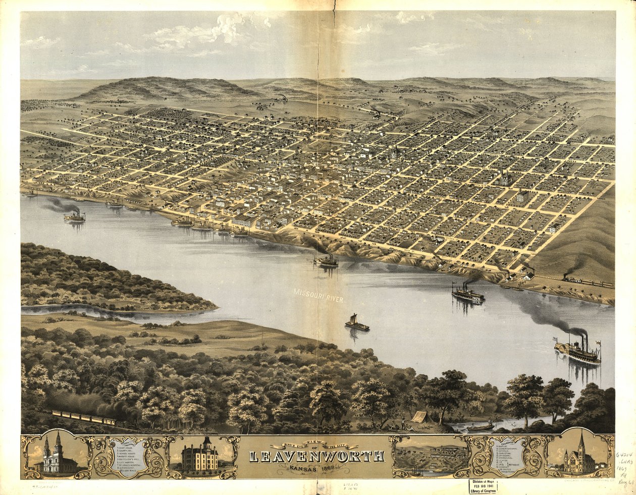 Leavenworth şehrinin kuşbakışı görünümü, Kansas 1869 by Chicago Lithographing Co.