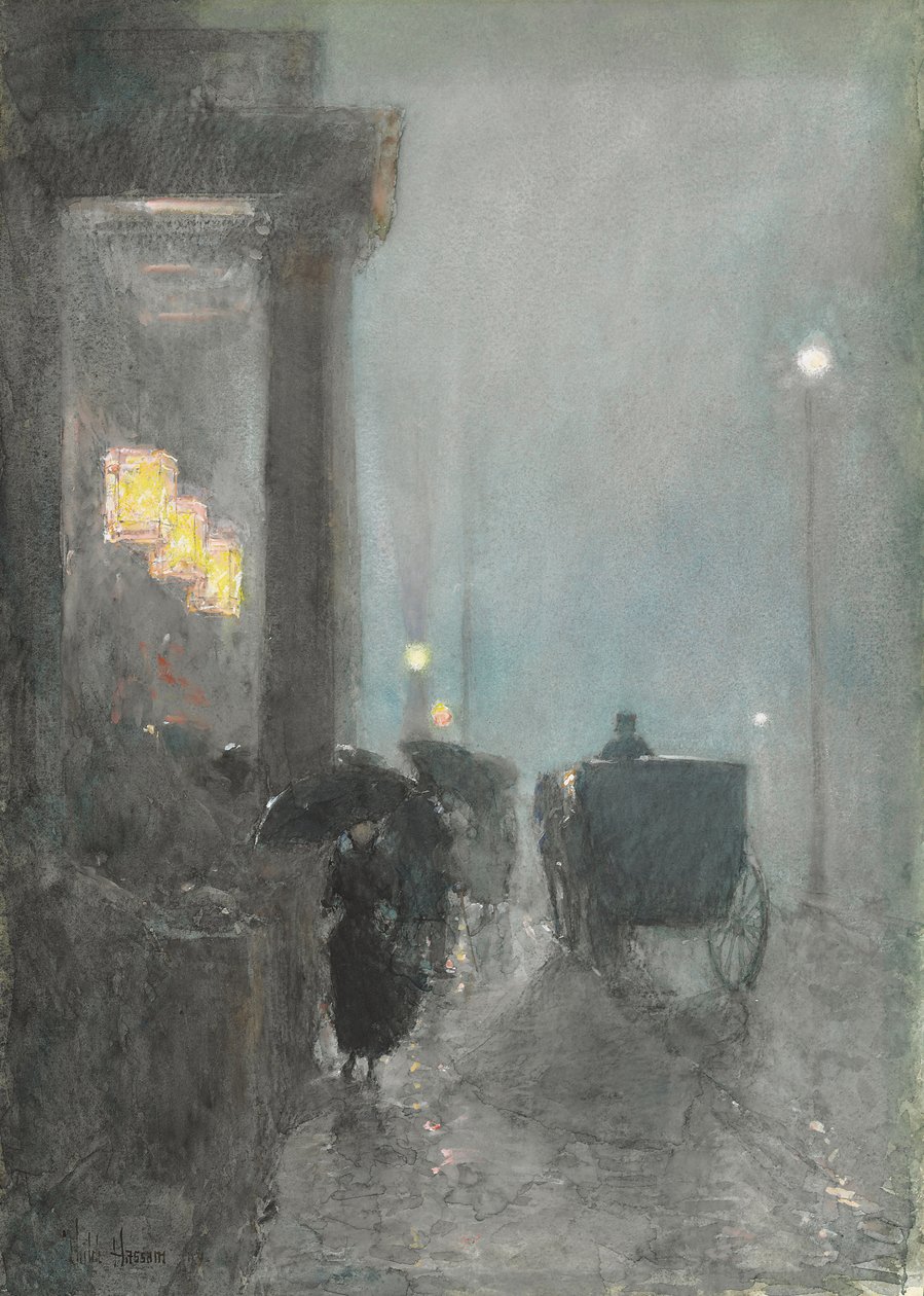 Fifth Avenue, Akşam, c.1890-93 (kağıt üzerine suluboya, guaj ve pastel) by Childe Frederick Hassam