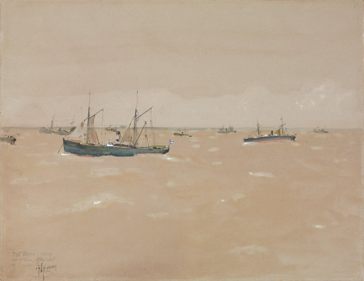 İspanya Sahili Açıklarında Bir Darbeyi Atan Meyve Vapurları by Childe Frederick Hassam