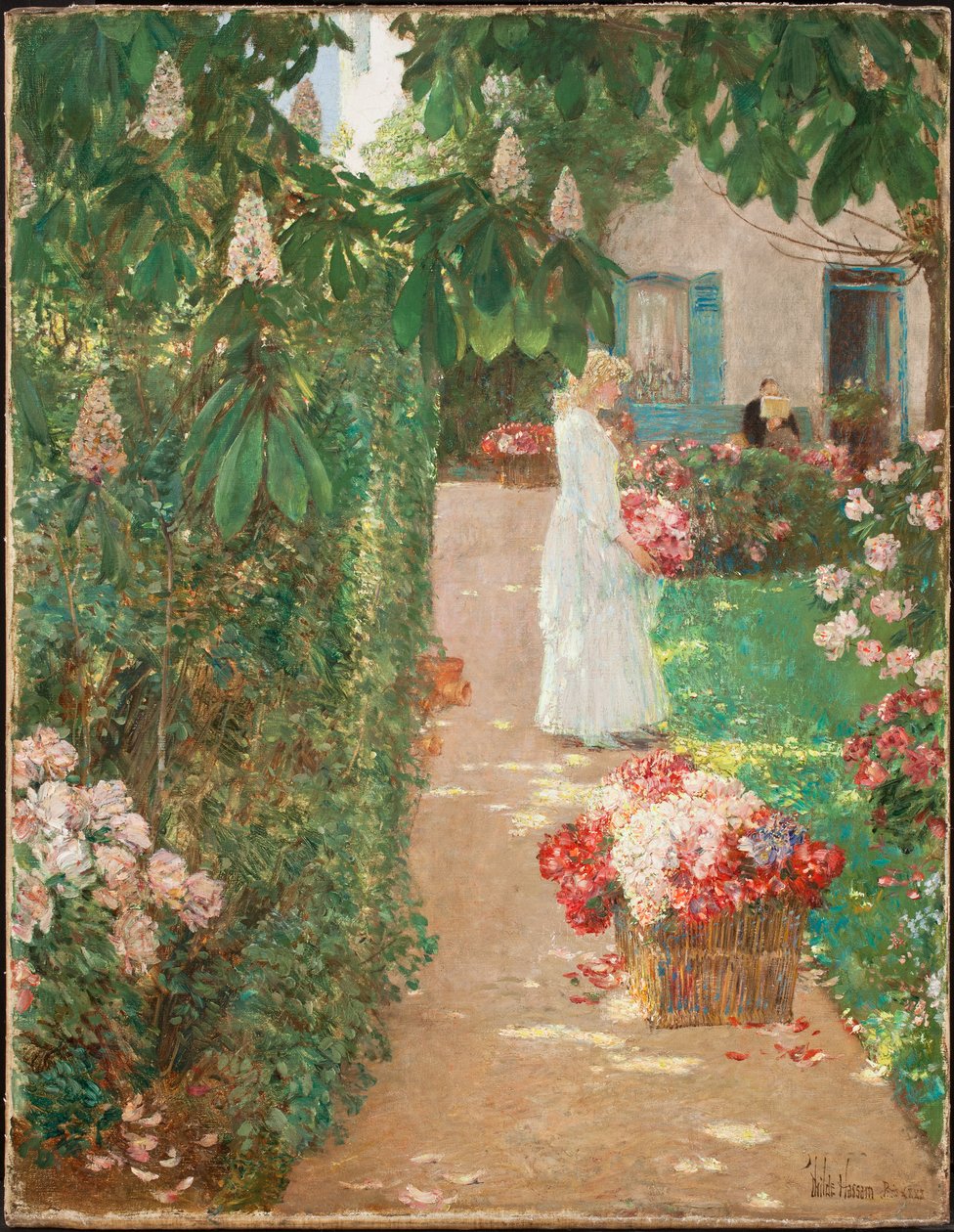 Bir Fransız Bahçesinde Çiçek Toplama (tuval üzerine yağlı boya) by Childe Frederick Hassam