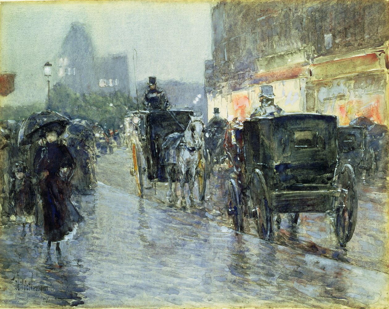 Horse Draw Cabs at Evening, New York, 1890 dolayları (kağıt üzerine suluboya ve guaj boya) by Childe Frederick Hassam