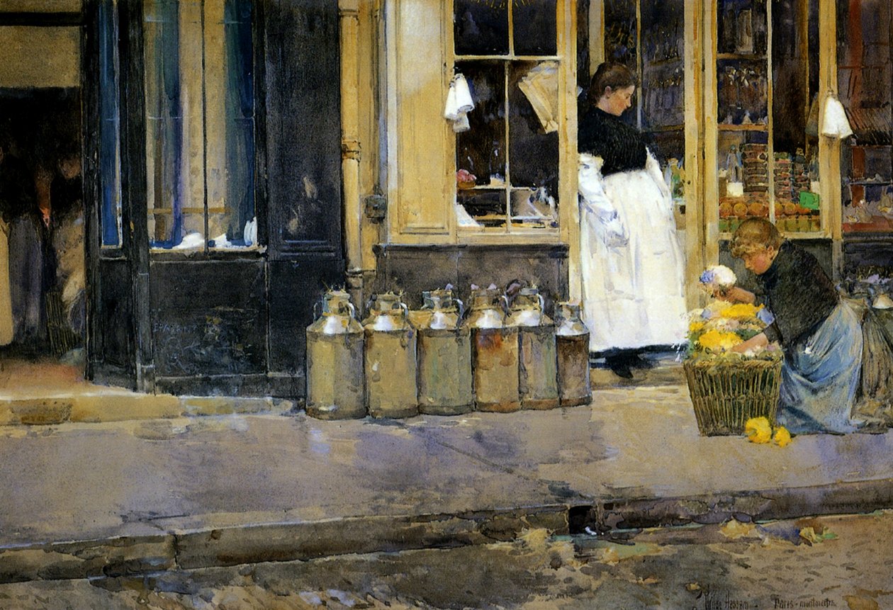 The Milk Churns, c.1888 (kağıt üzerine suluboya) by Childe Frederick Hassam