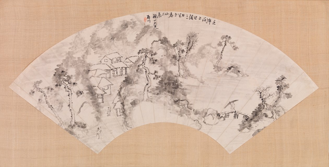 Bir manzarayı gösteren yelpaze, c.1600 (kağıt üzerine mürekkep) by Chinese School