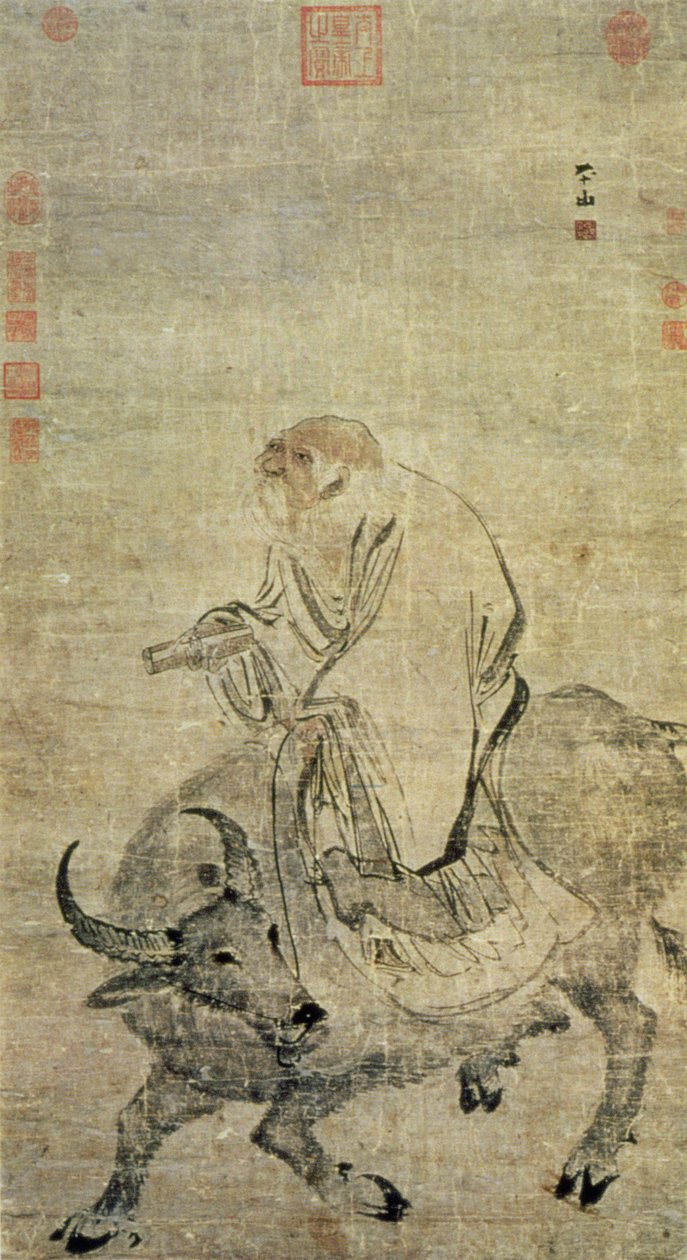 Lao-tzu (MÖ 604-531) öküzünü sürüyor, Çinli, Ming Hanedanlığı (1368-1644) (ipek üzerine mürekkep ve tuvalet) by Chinese School