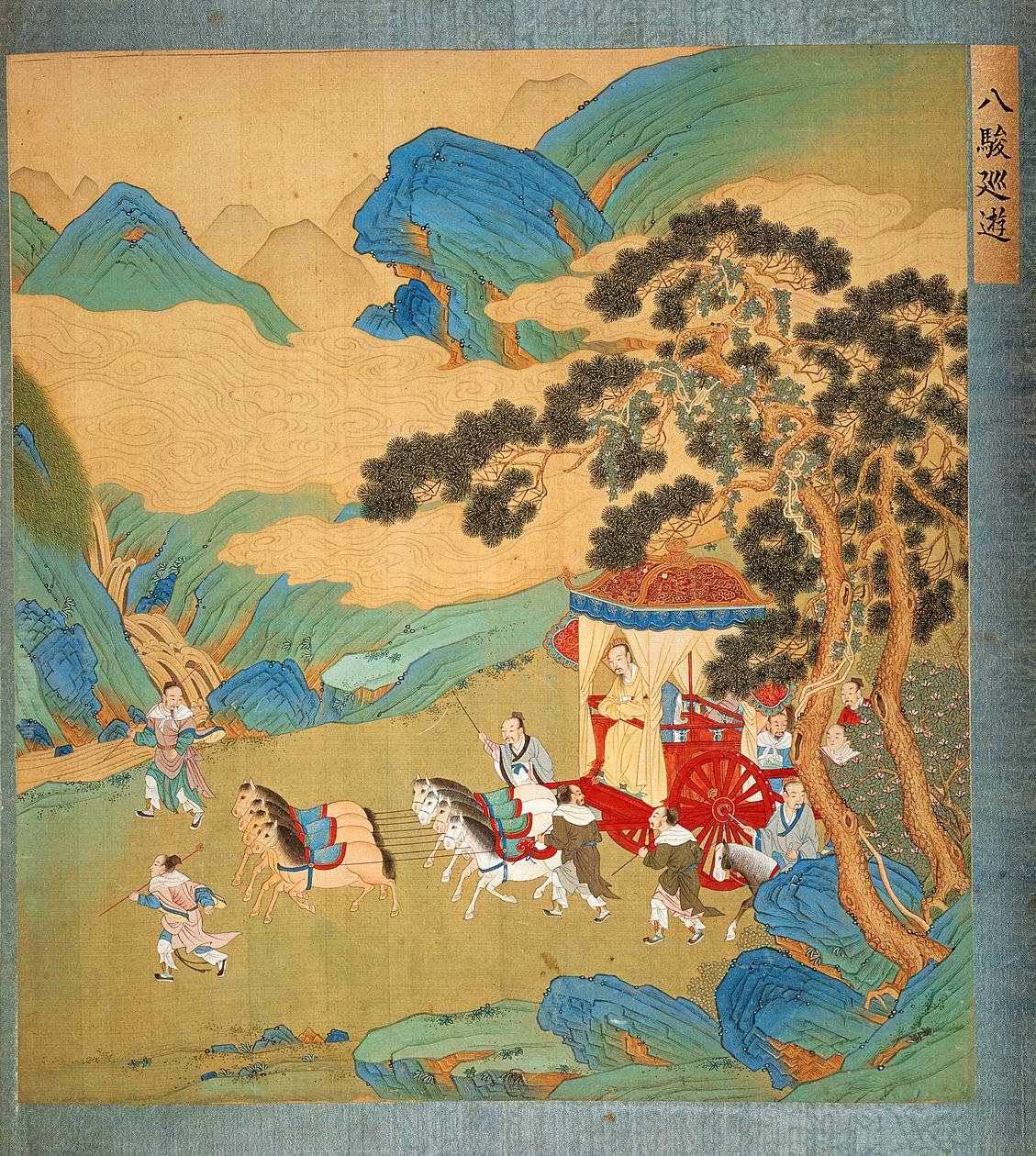 Chou Hanedanlığı İmparatoru Mu Wang (c.985-c.907) arabasında, Çin imparatorlarının tarihinden (ipek üzerine renkli) by Chinese School