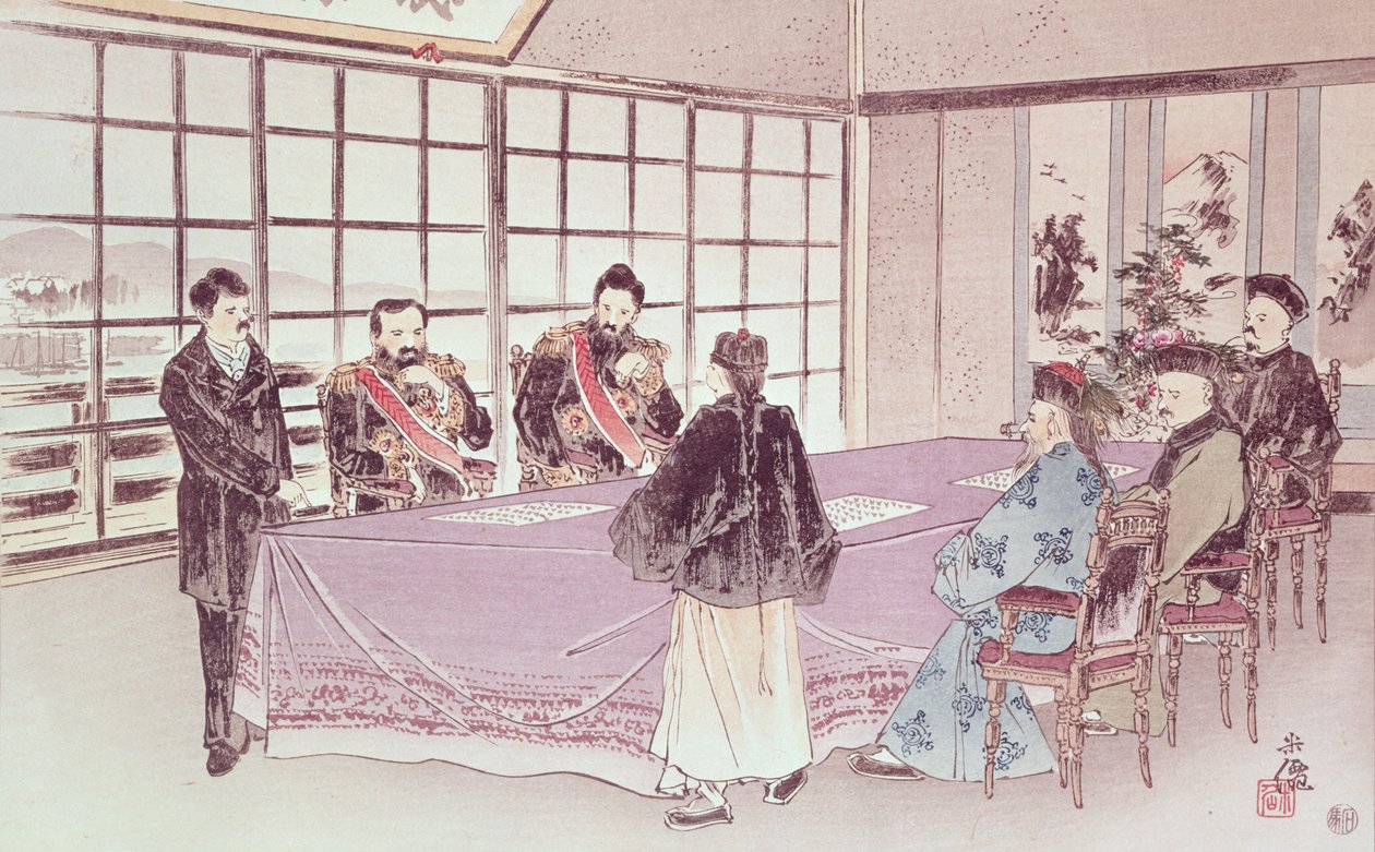 Japon bakanlar I-Tso ve Mou-Tsou, Çinli elçi Ri-Ko-Sho ile Shimonoseki ateşkes koşullarını tartışıyorlar, 16 Nisan 1895 by Chinese School