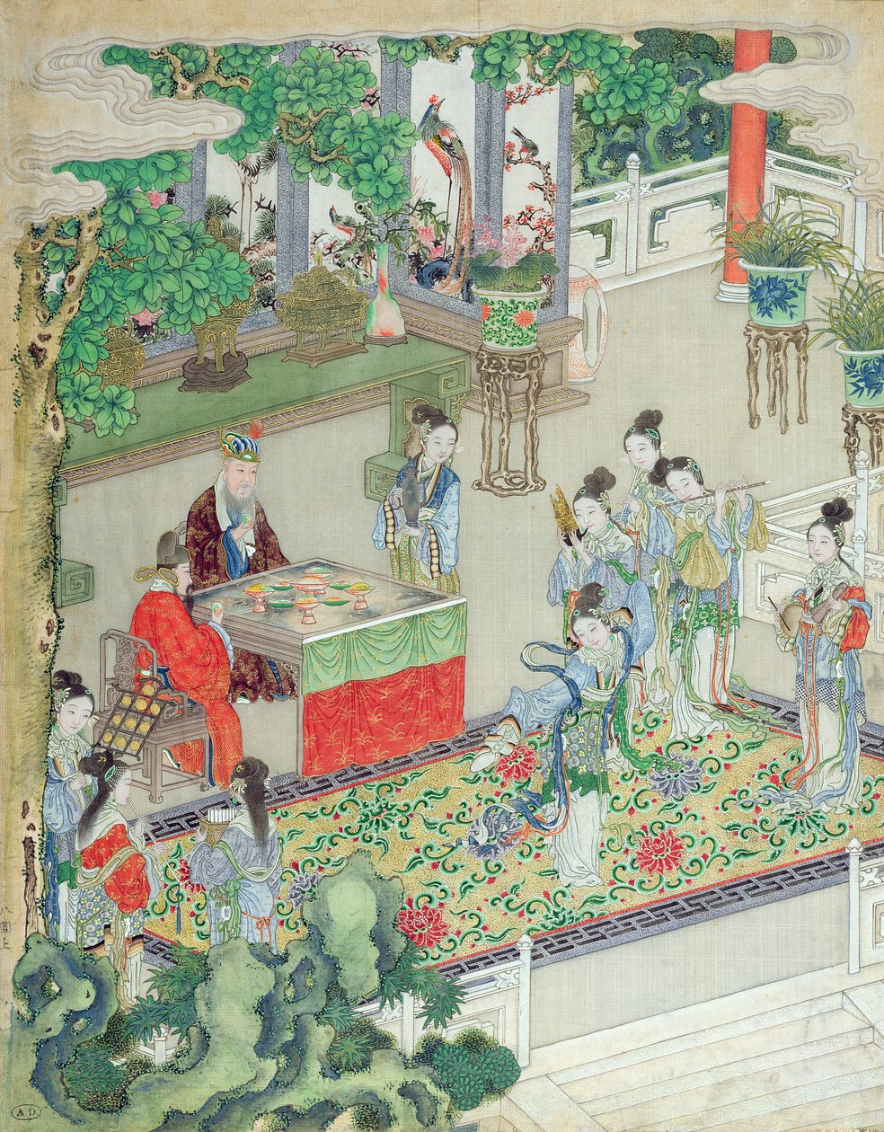 Çin Mandarini Eğlendirilirken (ipek üzerine renkli) by Chinese School