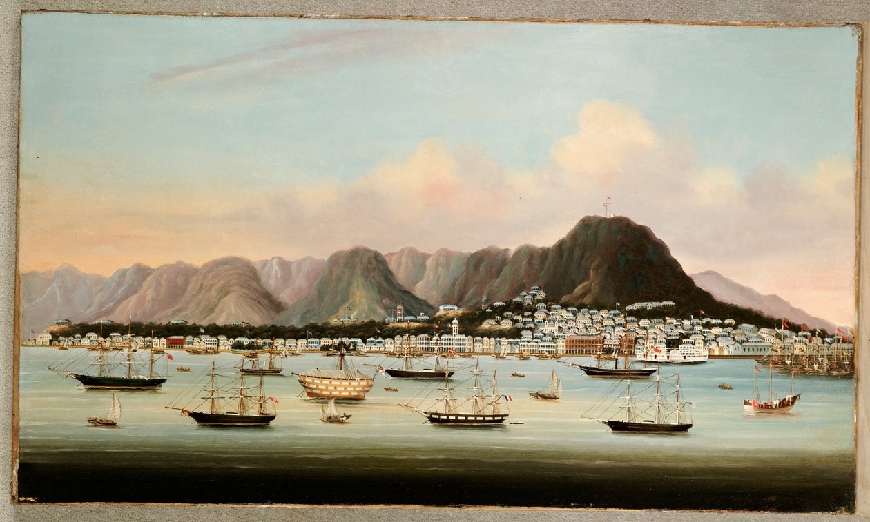 Hulk H.M.S Prenses Charlotte ve American, British and French Shipping ile Victoria, Hong Kong, 1862 dolayları by Chinese School