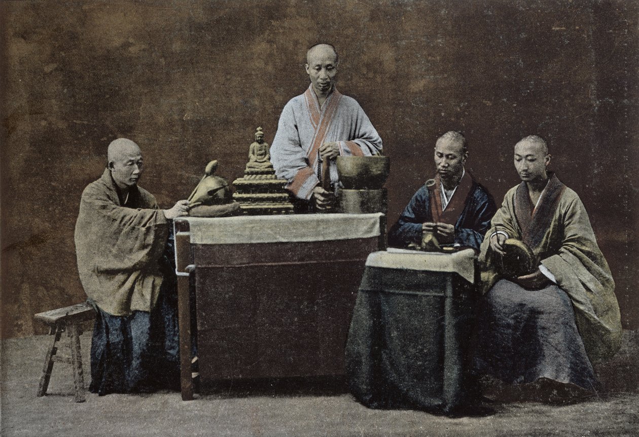 Bir grup Çin bonzesi; Gilot tarafından oyulmuş ve basılmıştır; 1896, Çin okulu tarafından, (19. yüzyıl) by Chinese School