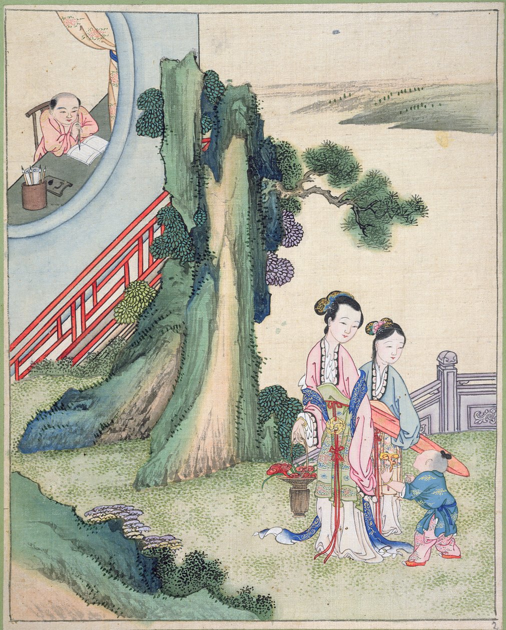 Bir nehir kenarında yazan bir adam ve ailesi (ipek üzerine guaj boya) by Chinese School