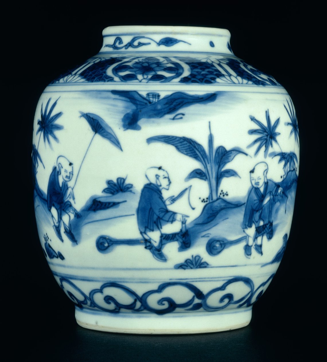Hobi atlarında oynayan çocuklarla boyanmış mavi ve beyaz kavanoz, Wanli veya Chongzheng, 1600-30 (porselen) (bkz. 206093, 206095, 206096) by Chinese School